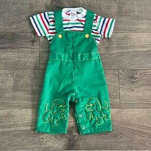 Vintage Sears Green Embroidered Puppy Dog Overalls Infant Outfit